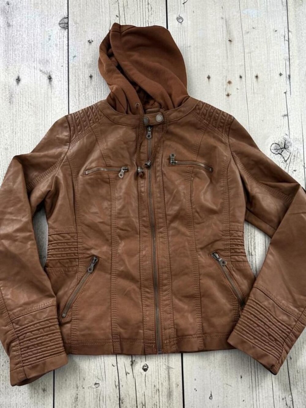 Made‎ by Johnny Faux Leather Moto Jacket Womens M Brown Removable Hood